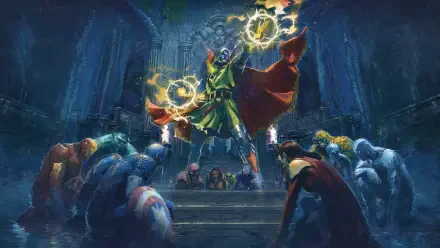 4K Ultra HD PC desktop wallpaper of Doctor Doom in a green cloak and metal mask, levitating in a gothic hall, channeling crackling energy while armored heroes kneel before him.
