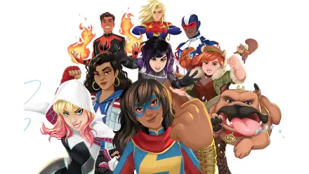 Marvel Rising HD PC desktop wallpaper: comic-style group portrait of young heroes with Ms. Marvel front and center, joined by Squirrel Girl, Captain Marvel and their teammates.