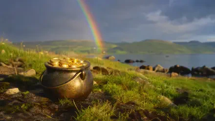 4K Ultra HD PC desktop wallpaper and background: a weathered pot of gold on a grassy shore beneath a vivid rainbow, with rolling hills and a calm sea under a dramatic sky.