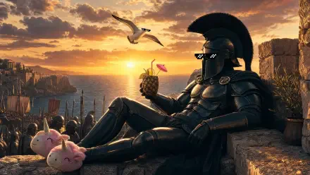 The Odyssey (2026) 4K Ultra HD PC wallpaper — a helmeted warrior lounges on seaside battlements at sunset, sipping a pineapple drink, with a seagull, ships and plush bunnies nearby.