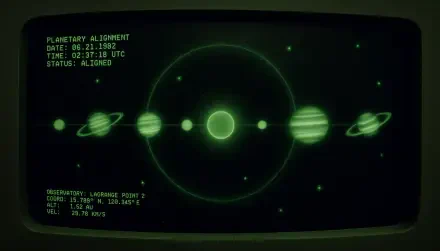 Green CRT-style 5K Ultra HD PC desktop wallpaper showing planetary alignment: a glowing central star with six orbiting planets and retro console readout reading STATUS: ALIGNED.