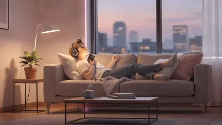 Chill 4K Ultra HD PC desktop wallpaper and background: a person reclines on a sofa with headphones and phone, warm lamp and plant beside them, cushions and a dusky city skyline through a window.