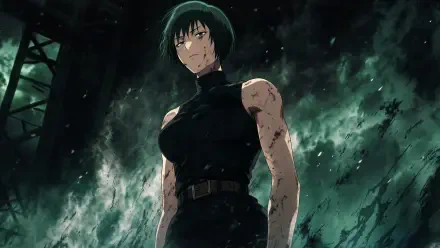 Maki Zenin, battle-worn and blood-specked, stands in a stormy green cloudscape wearing a sleeveless black combat outfit, 4K Ultra HD PC desktop wallpaper and background.