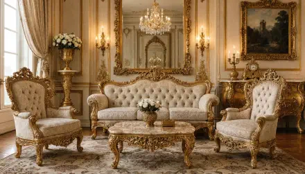 5K Ultra HD PC desktop wallpaper of an antique living room featuring an ornate tufted sofa, gilded chairs, carved coffee table and a sparkling crystal chandelier.