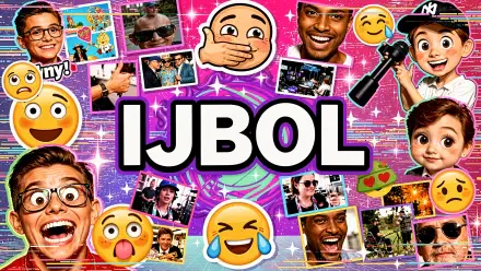 Vibrant 4K Ultra HD PC desktop wallpaper collage featuring bold IJBOL text, emoji faces (laughing, surprised, shocked), scattered photo thumbnails over a sparkly pink background.