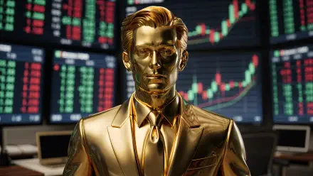 4K Ultra HD desktop wallpaper of a gold businessman statue in a trading room, polished figure in suit and tie with stock charts and tickers on monitors behind.