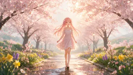 2K Quad HD PC desktop wallpaper, anime girl walking down a cherry-blossom path in spring, pink petals drifting as sunlight filters through blooming trees.