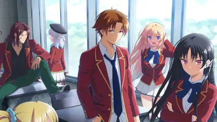 Classroom of the Elite 4K Ultra HD PC desktop wallpaper/background: five students in red uniforms posing in a sunlit classroom by large windows.