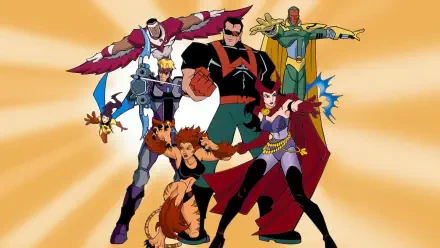 The Avengers: United They Stand — animated superhero team striking dynamic poses on a radiant orange backdrop; HD PC desktop wallpaper and background.