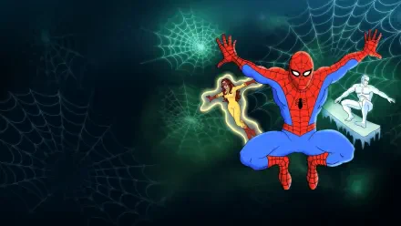 HD PC desktop wallpaper of Spider-Man and His Amazing Friends: Spider-Man lunging forward with Firestar and Iceman against glowing spiderwebs on a dark green background.