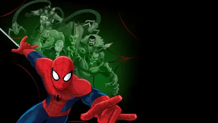 Ultimate Spider-Man lunges forward with a green-tinged villain lineup behind — 4K Ultra HD PC desktop wallpaper and background.