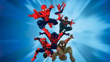 Ultimate Spider-Man (TV Show) 4K Ultra HD PC desktop wallpaper/background: five Spider-Man variants leaping toward the viewer on a blue radial burst backdrop.