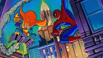 Spider-Man: The Animated Series 2K Quad HD PC desktop wallpaper — Spider-Man swings past neon skyscrapers as a cape-clad villain on a glider charges from above.