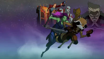 HD PC desktop wallpaper of Marvel's Guardians of the Galaxy: stylized team—Star-Lord, Gamora, Drax, Rocket and Groot—leap against a purple, starry cosmic background.