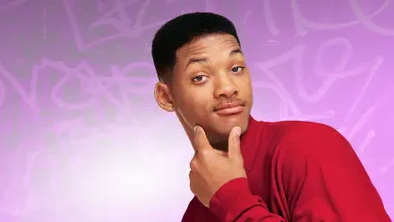 4K Ultra HD PC desktop wallpaper of a 1990s sitcom–style portrait: young man in a red sweater smirking with hand on chin against a purple, graffiti-patterned background.