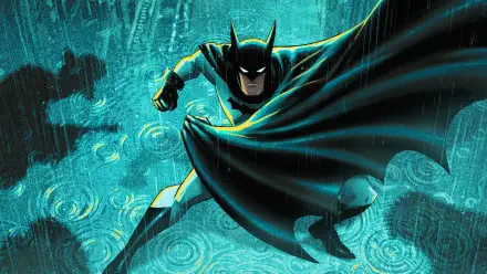 HD PC desktop wallpaper: Batman: Caped Crusader lunging through teal rain, cape unfurled, brooding mask and stylized Gotham textures in the background.
