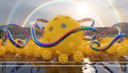 4K Ultra HD PC desktop wallpaper and background: surreal pickleball scene with a giant yellow wiffle ball, many smaller balls on a glossy court, iridescent ribbons and a double rainbow.