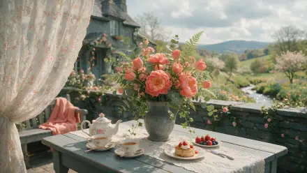 Vintage spring 4K Ultra HD PC desktop wallpaper: sunlit cottage porch with vase of coral roses, tea set and pastries on a wooden table overlooking rolling green hills.
