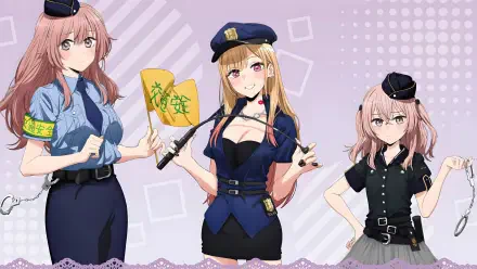 My Dress-Up Darling anime 4K Ultra HD PC desktop wallpaper: three girls in police-style outfits posed against a purple patterned backdrop.