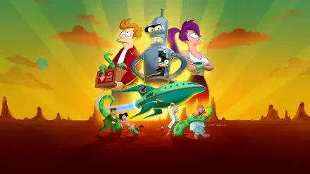 Futurama cast (Fry, Bender, Leela and crew) with the Planet Express ship at sunset — 4K Ultra HD PC desktop wallpaper background.