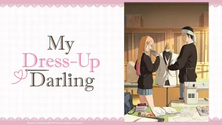 My Dress-Up Darling anime 4K Ultra HD PC desktop wallpaper: two characters in a sewing room fitting a dress on a mannequin, surrounded by fabrics, sewing tools, and warm sunlight.