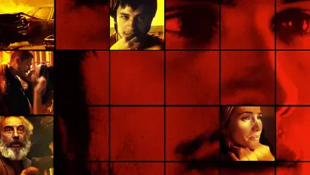 Amores Perros 4K Ultra HD PC desktop wallpaper: red-toned tiled grid of cinematic close-ups—faces, eyes and gritty urban scenes forming a dramatic background.