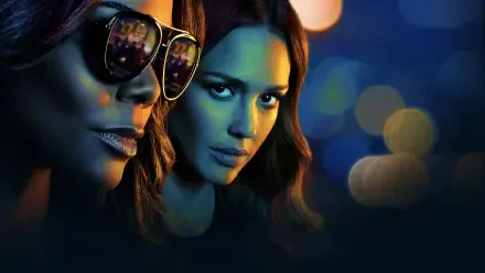 HD PC desktop wallpaper for L.A.'s Finest: close-up of two female detectives—one in sunglasses—bathed in moody blue light with blurred city bokeh in the background.