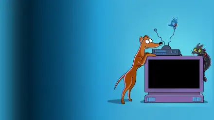 The Simpsons 4K Ultra HD PC wallpaper: a brown cartoon rodent fiddling with a TV console on a blue gradient background.