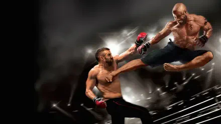 Never Back Down 3 4K Ultra HD PC desktop wallpaper: two shirtless MMA fighters mid-air exchange of kick and punch in a spotlighted ring with smoke and dramatic lighting.