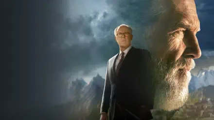 4K Ultra HD PC desktop wallpaper titled The Old Man — close-up bearded old man's profile and a full-body suited figure set against moody, stormy clouds and mountains.