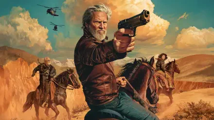 The Old Man — 4K Ultra HD PC desktop wallpaper: weathered gunman on horseback pointing a pistol across a desert canyon, flanked by riders and helicopters under a dramatic sky.