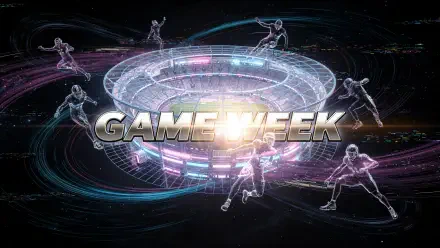 4K Ultra HD PC desktop wallpaper/background: futuristic glowing stadium with bold GAME WEEK metallic text and dynamic soccer player silhouettes orbiting in streaks of light.