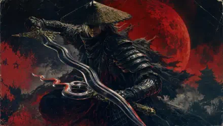 Phantom Blade Zero samurai warrior in dark layered armor and straw hat, gripping a curved sword before a blood-red moon — 4K Ultra HD PC desktop wallpaper/background.