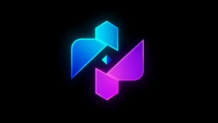 Amoled abstract ICON logo in neon blue and magenta on black, glowing geometric shapes forming an emblem — 4K Ultra HD PC desktop wallpaper background.