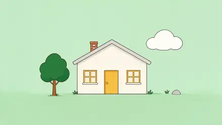 Clean 4K Ultra HD PC desktop wallpaper: minimalist illustration of a small white house with a yellow door, tree, cloud, and pale green background.