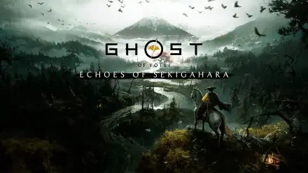 HD PC desktop wallpaper for the video game Ghost of Yōtei — a lone samurai on horseback surveys a misty valley and Mount Yōtei, Echoes of Sekigahara logo looming overhead.