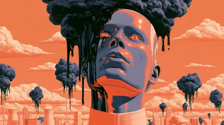 2K Quad HD PC desktop wallpaper: surreal dystopian portrait of a glossy human head melting into black smoke above a city, vivid orange sky, exploring themes of humanity.