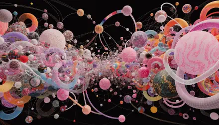 Maximalist abstract 4K Ultra HD PC desktop wallpaper and background of countless colorful spheres and particles drifting through a tangled cosmic stream against a black backdrop.