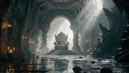4K Ultra HD PC Desktop Wallpaper and Background: grand dwarven hall carved into a cave, a monumental throne beneath stone arches, shafts of light through mist reflecting on wet flagstones.