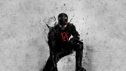 Daredevil: Born Again — 4K Ultra HD PC desktop wallpaper of armored Daredevil kneeling against cracked gray concrete, red glowing DD emblem and visor.