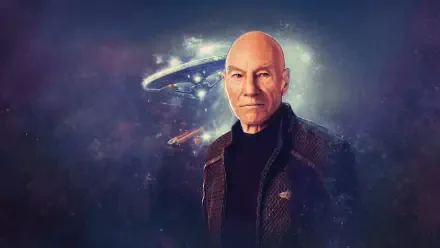 Star Trek: Picard 4K Ultra HD PC desktop wallpaper — a bald older man in a dark jacket stands before a glowing starship and swirling nebula background.