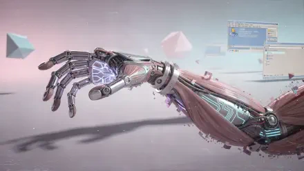 4K Ultra HD PC desktop wallpaper of a sleek cybernetic prosthetic arm and robotic hand with exposed circuitry and glowing elements.