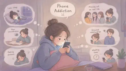 4K Ultra HD PC desktop wallpaper: girl hunched over smartphone with Phone Addiction bubble; smaller bubbles depict missed social life, strained relationships, poor sleep, anxiety and wasted time.