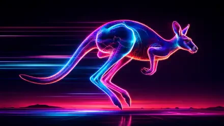 Neon cyberpunk kangaroo in motion with glowing blue and pink streaks, reflected on a sleek horizon — 4K Ultra HD PC desktop wallpaper and background.