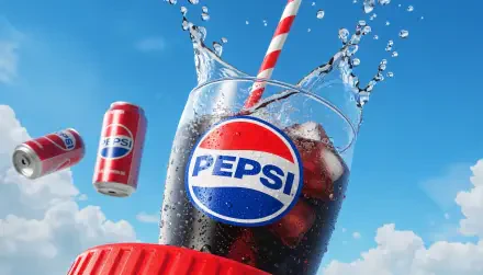 4K Ultra HD PC desktop wallpaper and background: Pepsi cola soft drink — glass of fizzy soda with ice, striped straw and dramatic splash against a bright blue sky with floating Pepsi cans.