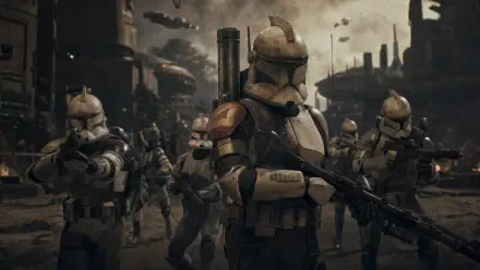 Star Wars: Zero Company video game 4K Ultra HD PC desktop wallpaper: soldiers in heavy armor with blasters march through a ruined city as ships hover overhead.