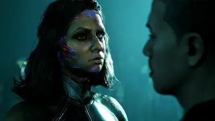 HD PC wallpaper from the video game Star Wars: Zero Company — Kundri Fathom, a woman with scarred, glowing cybernetic facial implants, stares at a silhouetted figure in teal light.