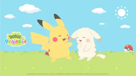 HD PC desktop wallpaper from the video game Pokemon Pokopia: Pikachu laughing with a white rabbit-like Pokemon on a sunny grassy field, Poke Ball and game logo visible.