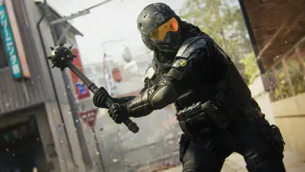 HD PC desktop wallpaper — video game: armored Call of Duty: Black Ops 7 soldier in full tactical gear swings a spiked mace down an urban street.