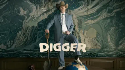 4K Ultra HD PC desktop wallpaper: a man in a suit and cowboy hat poses with a shovel, foot on a globe before a swirling mural; bold DIGGER text.